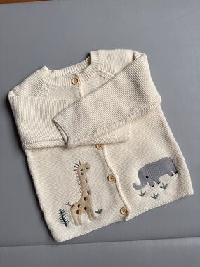 Cream Baby Cardigan with Giraffe & Elephant Embroidery